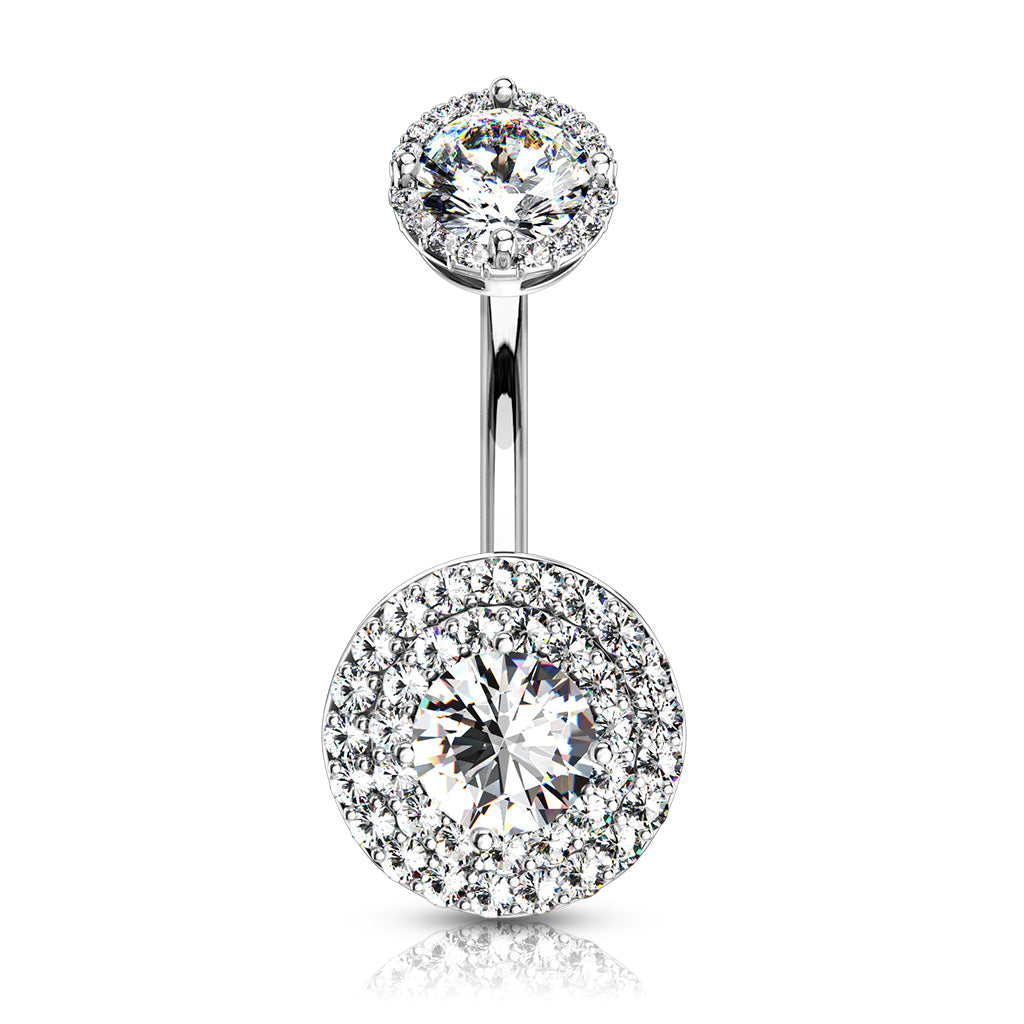 Double Tier Paved CZ Crystal Internally Threaded Belly Button Ring - Stainless Steel