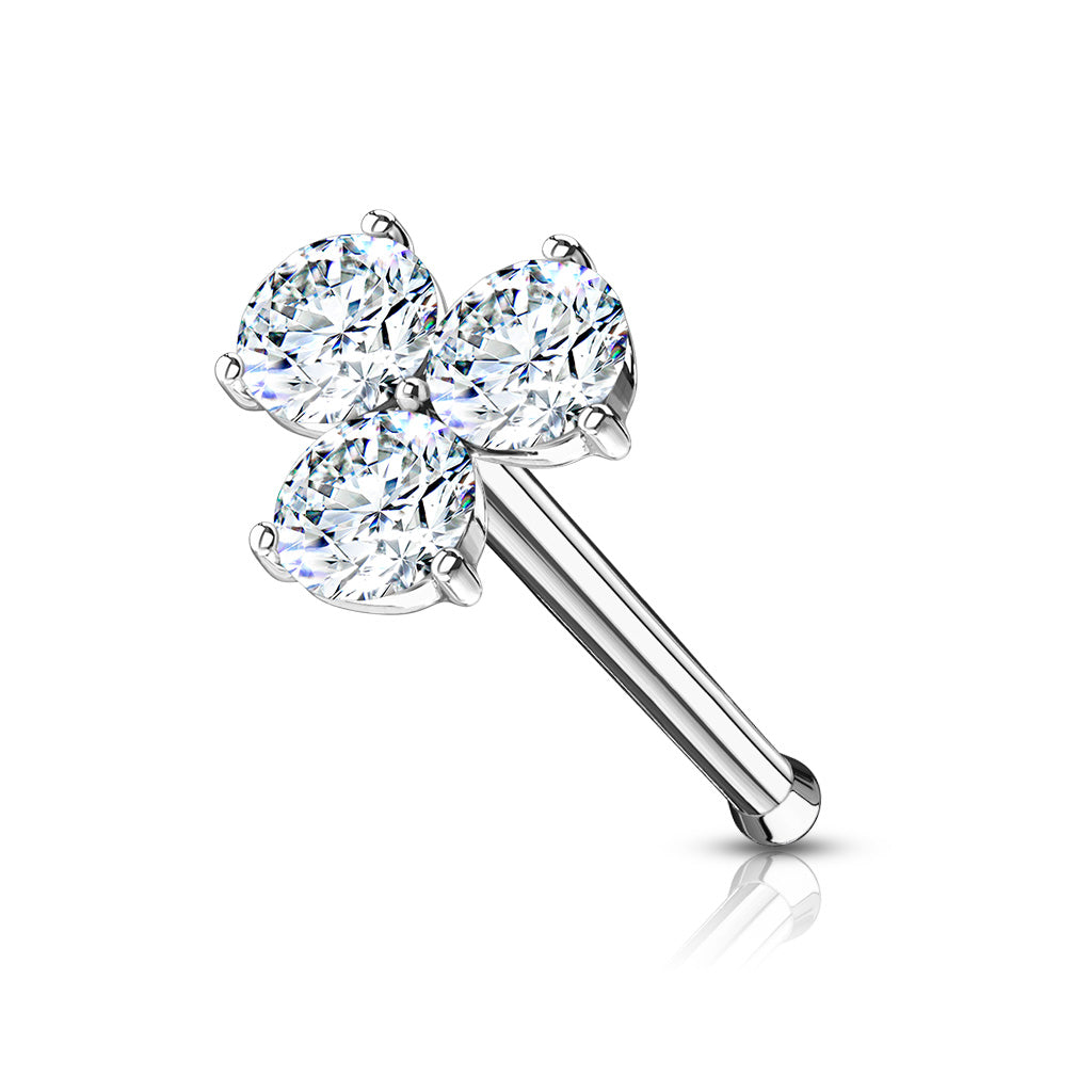 Rounded Triangle with Three CZ Prong Set Press Fit Nose Bone Stud - 316L Stainless Steel
