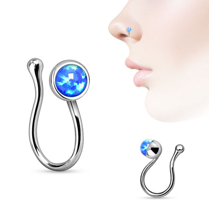 Silver Tone Synthetic Opal Gem Clip On Fake Non No Piercing Nose Ring - Brass