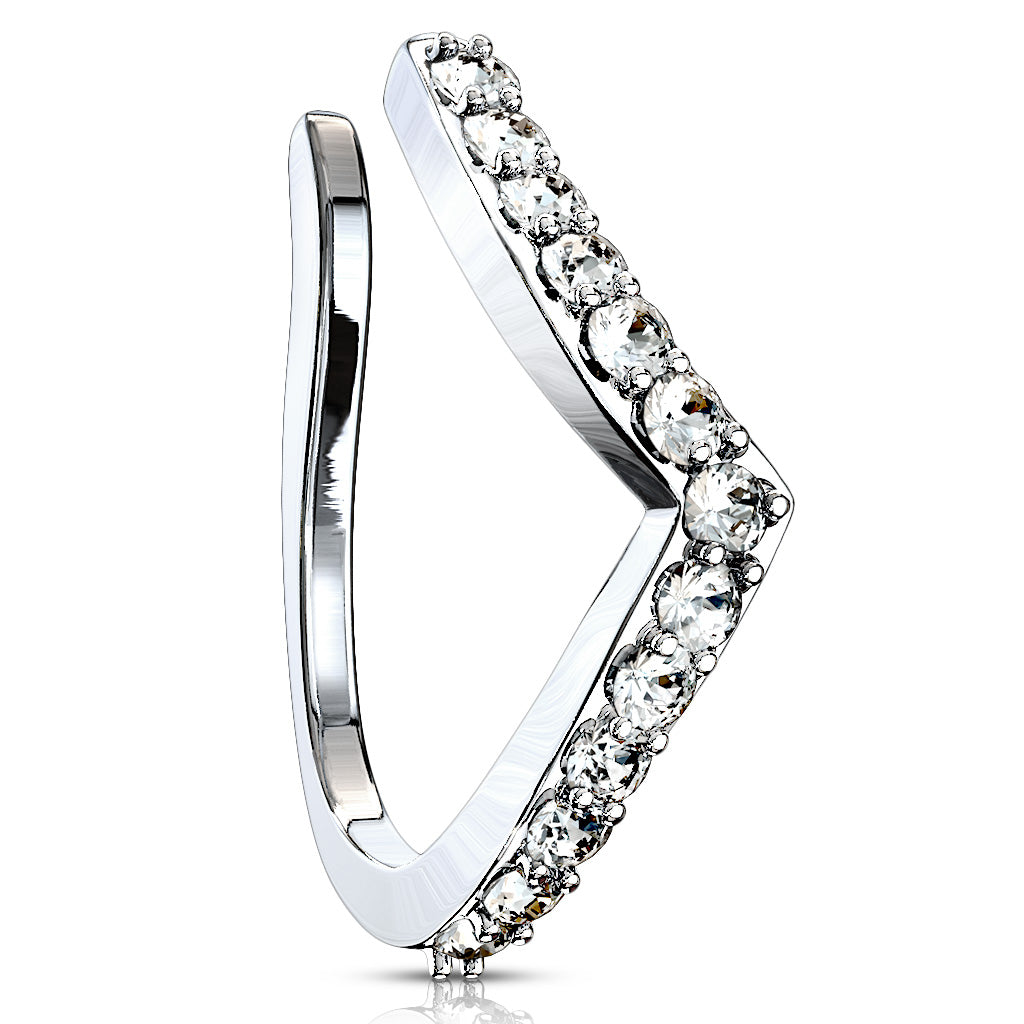 CZ Crystal Lined Chevron Arrow Clip On Fake Non-Piercing Nose Ring- 316L Stainless Steel