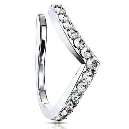 CZ Crystal Lined Chevron Arrow Clip On Fake Non-Piercing Nose Ring- 316L Stainless Steel