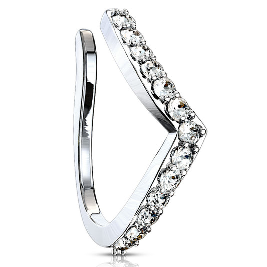 CZ Crystal Lined Chevron Arrow Clip On Fake Non-Piercing Nose Ring- 316L Stainless Steel