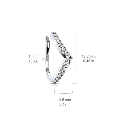 CZ Crystal Lined Chevron Arrow Clip On Fake Non-Piercing Nose Ring- 316L Stainless Steel