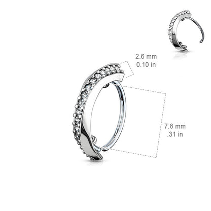 CZ Crystal Lined Twisted Half Circle Bendable Hoop Ring - 316L Stainless Steel