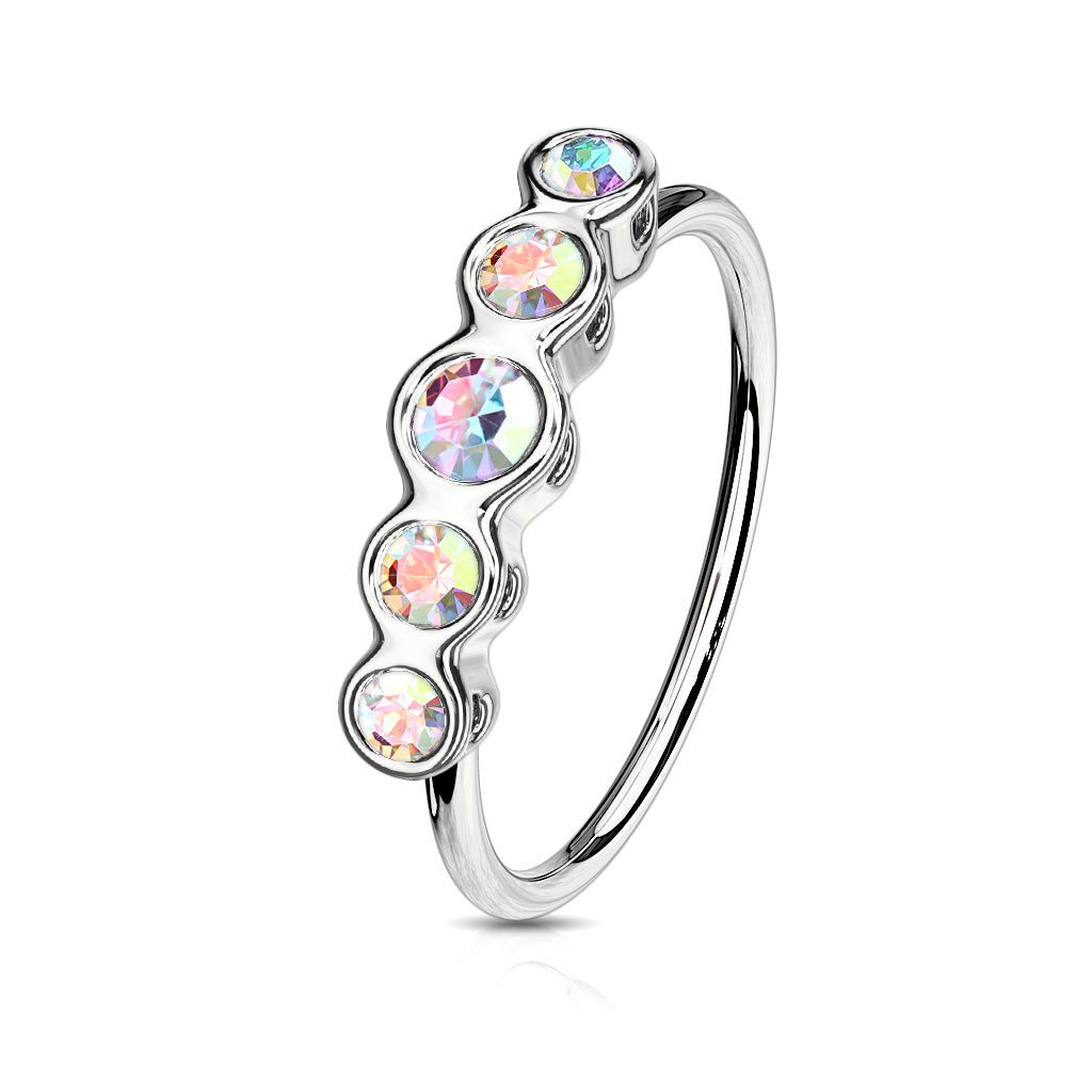 Bezel Set CZ Crystal Bendable Hoop Nose Ring - Stainless Steel