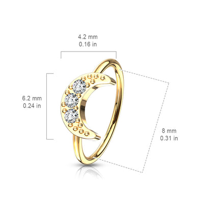 CZ Crystal Paved Crescent Moon Hoop Nose Ring - Brass