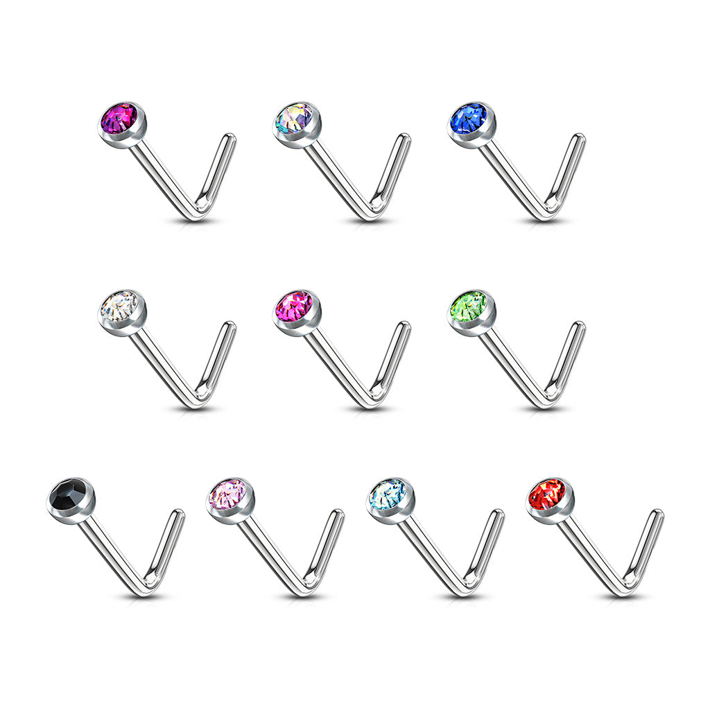 Set of 10 Press Fit Gem L-Bend Nose Studs - 316L Stainless Steel