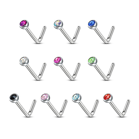 Set of 10 Press Fit Gem L-Bend Nose Studs - 316L Stainless Steel