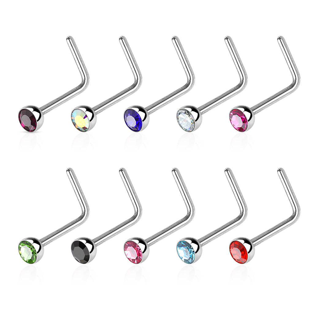 Set of 10 CZ Crystal L-Bend Nose Studs - 316L Stainless Steel