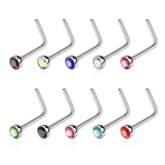 Set of 10 CZ Crystal L-Bend Nose Studs - 316L Stainless Steel