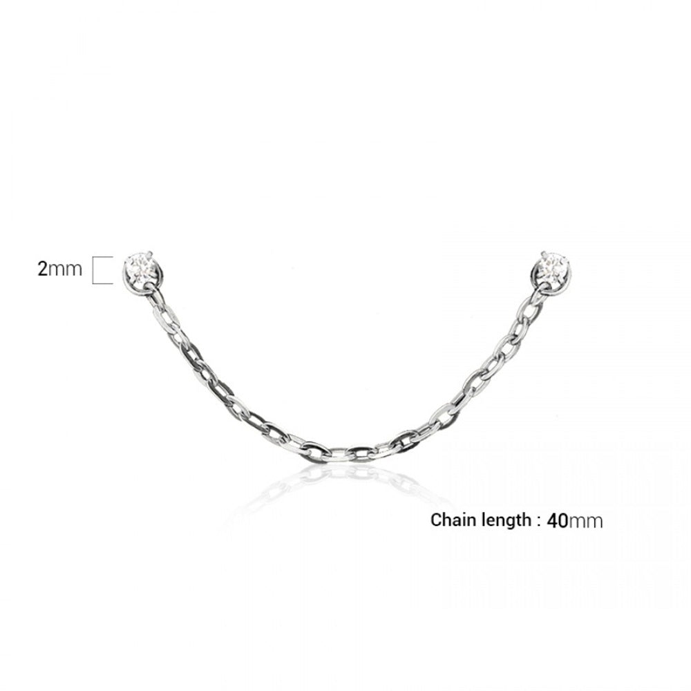 Prong Set CZ Crystal L-Bend Nose Studs with Connecting Chain - 316L Stainless Steel