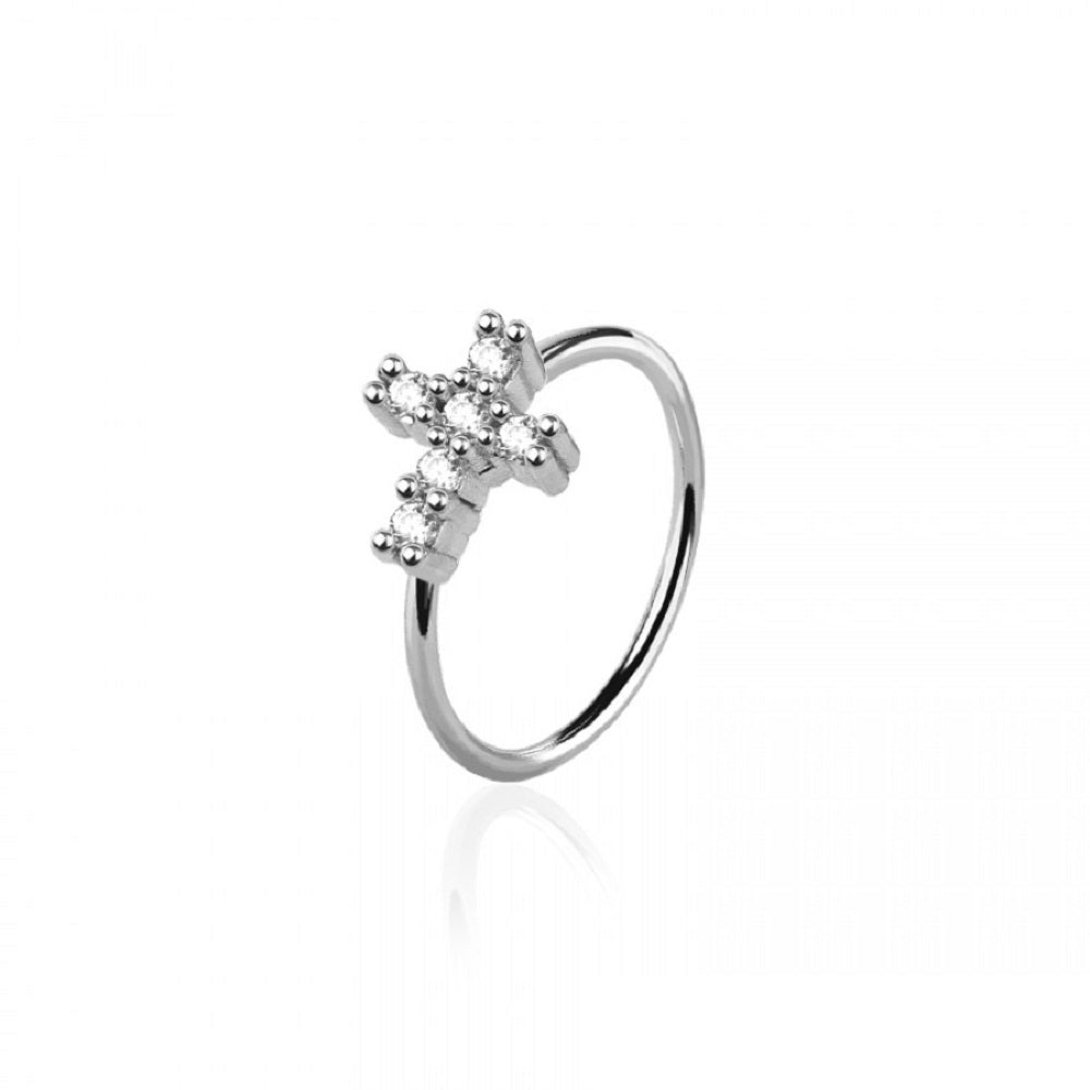 CZ Crystal Paved Cross Bendable Nose Ring - 316L Stainless Steel