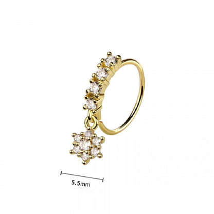 CZ Crystal Lined Hoop with Dangling Flower Charm Bendable Nose Ring - 316L Stainless Steel