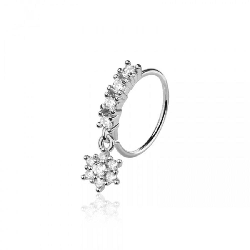 CZ Crystal Lined Hoop with Dangling Flower Charm Bendable Nose Ring - 316L Stainless Steel