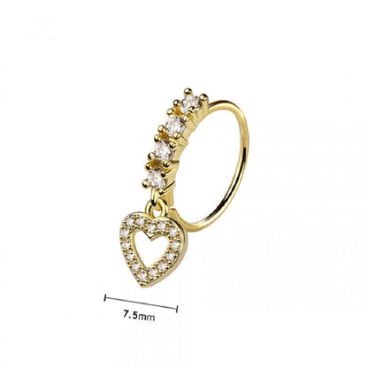 CZ Crystal Lined Hoop with Dangling Heart Outline Charm Bendable Nose Ring - 316L Stainless Steel