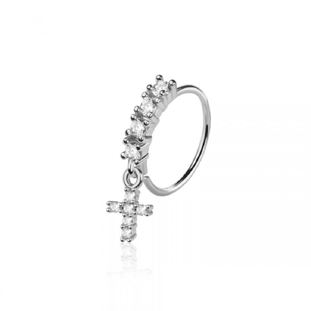 CZ Crystal Lined Hoop with Dangling Cross Charm Bendable Nose Ring - 316L Stainless Steel