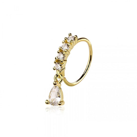 CZ Crystal Lined Hoop with Dangling Teardrop Bendable Nose Ring - 316L Stainless Steel