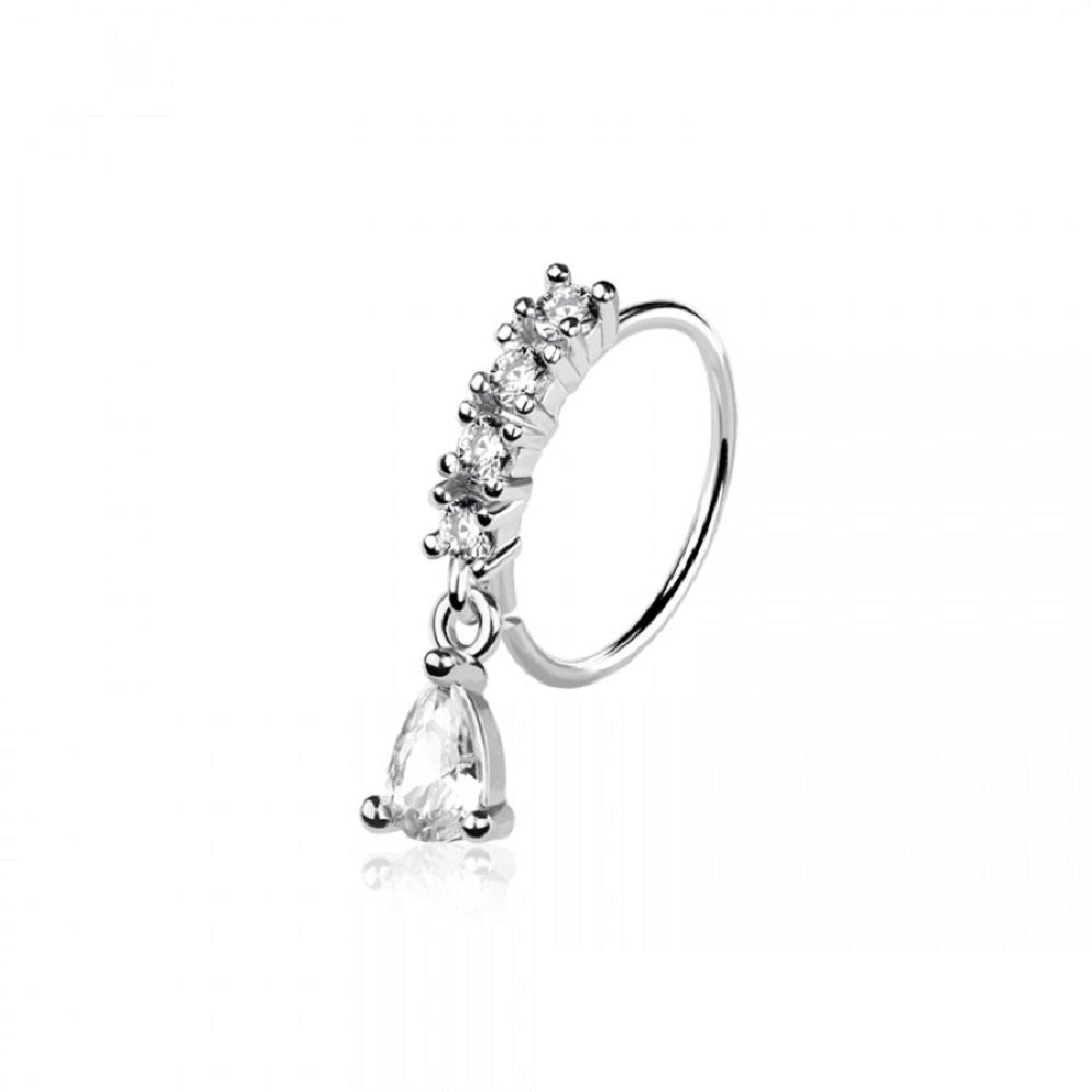 CZ Crystal Lined Hoop with Dangling Teardrop Bendable Nose Ring - 316L Stainless Steel