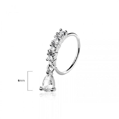 CZ Crystal Lined Hoop with Dangling Teardrop Bendable Nose Ring - 316L Stainless Steel