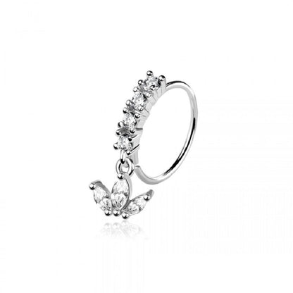 CZ Crystal Lined Hoop with Dangling Marquise Leaves Bendable Nose Ring - 316L Stainless Steel