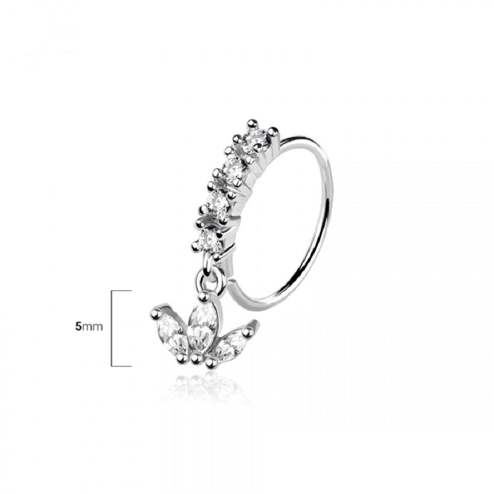 CZ Crystal Lined Hoop with Dangling Marquise Leaves Bendable Nose Ring - 316L Stainless Steel