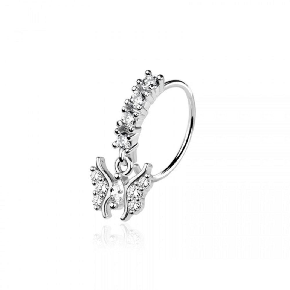 CZ Crystal Lined Hoop with Dangling Clear Butterfly Charm Bendable Nose Ring - 316L Stainless Steel