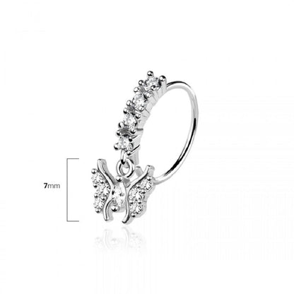 CZ Crystal Lined Hoop with Dangling Clear Butterfly Charm Bendable Nose Ring - 316L Stainless Steel