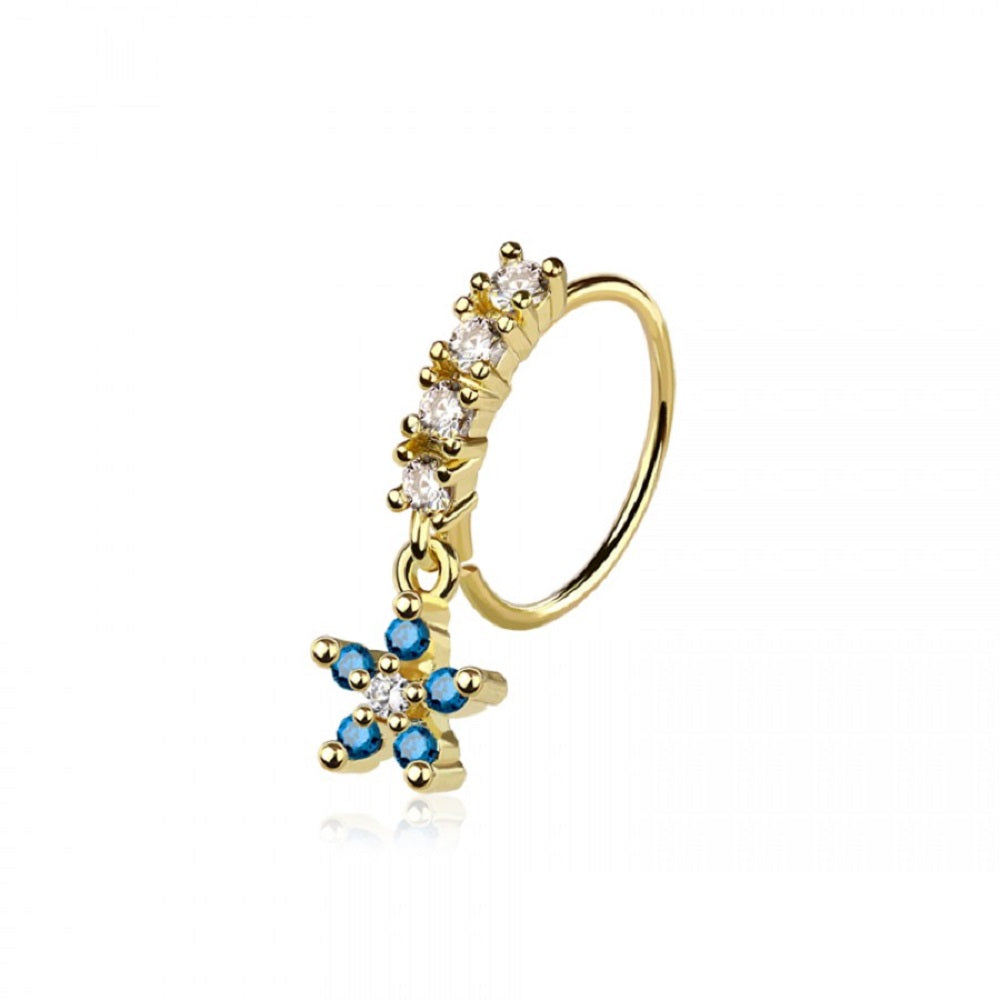 CZ Crystal Lined Hoop with Dangling Blue Flower Charm Bendable Nose Ring - 316L Stainless Steel