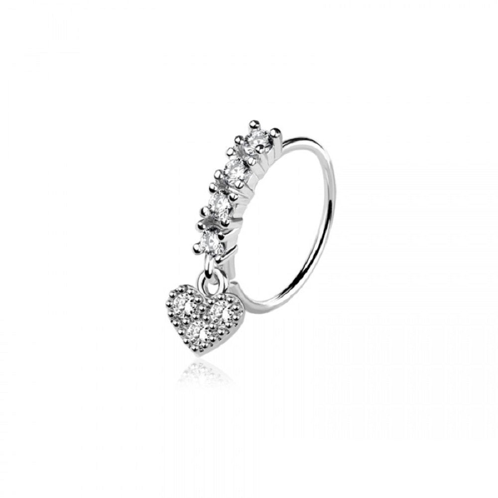 CZ Crystal Lined Hoop with Dangling Heart Charm Bendable Nose Ring - 316L Stainless Steel