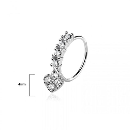 CZ Crystal Lined Hoop with Dangling Heart Charm Bendable Nose Ring - 316L Stainless Steel