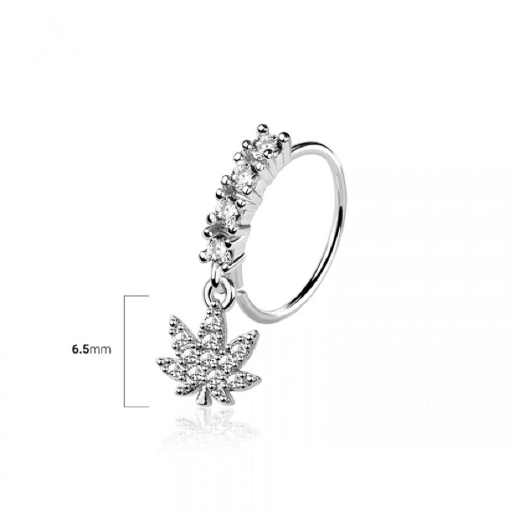 CZ Crystal Lined Hoop with Pot Leaf Charm Bendable Nose Ring - 316L Stainless Steel