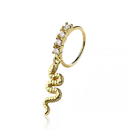 CZ Crystal Lined Hoop with Snake Charm Bendable Nose Ring - 316L Stainless Steel