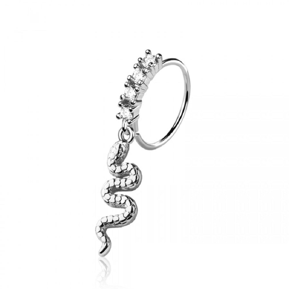 CZ Crystal Lined Hoop with Snake Charm Bendable Nose Ring - 316L Stainless Steel