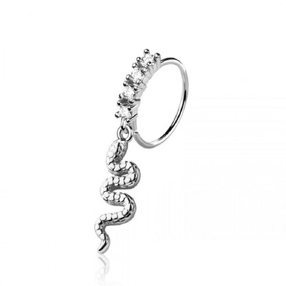 CZ Crystal Lined Hoop with Snake Charm Bendable Nose Ring - 316L Stainless Steel