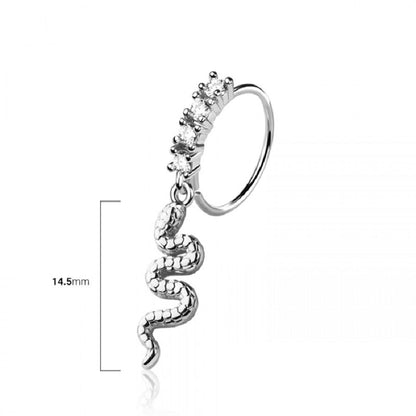 CZ Crystal Lined Hoop with Snake Charm Bendable Nose Ring - 316L Stainless Steel