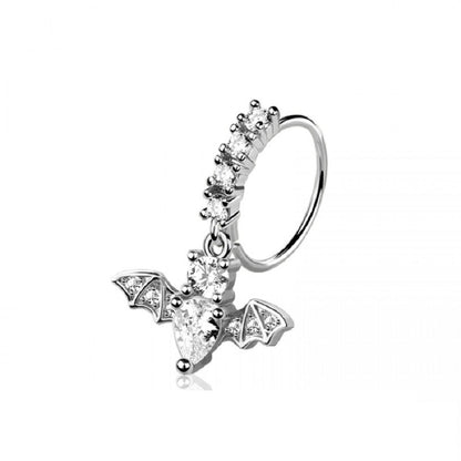 CZ Crystal Lined Hoop with Dangling Bat Charm Bendable Nose Ring - 316L Stainless Steel