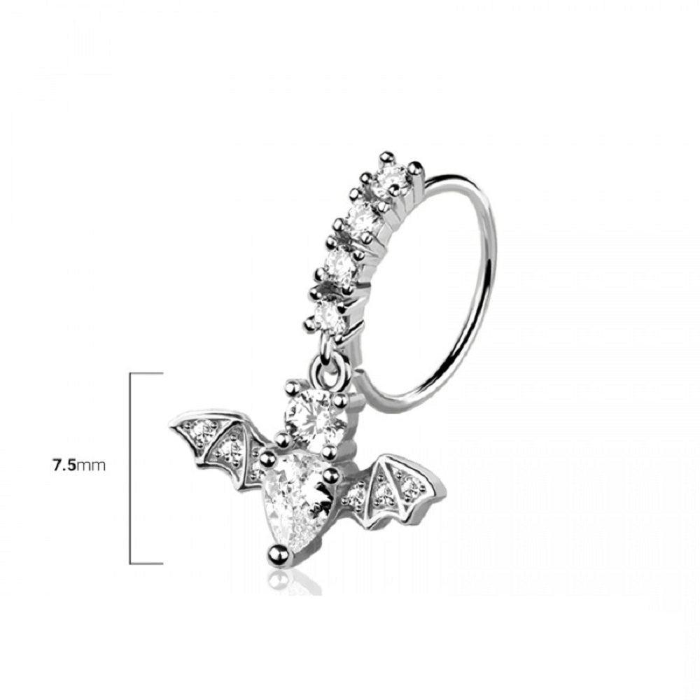 CZ Crystal Lined Hoop with Dangling Bat Charm Bendable Nose Ring - 316L Stainless Steel