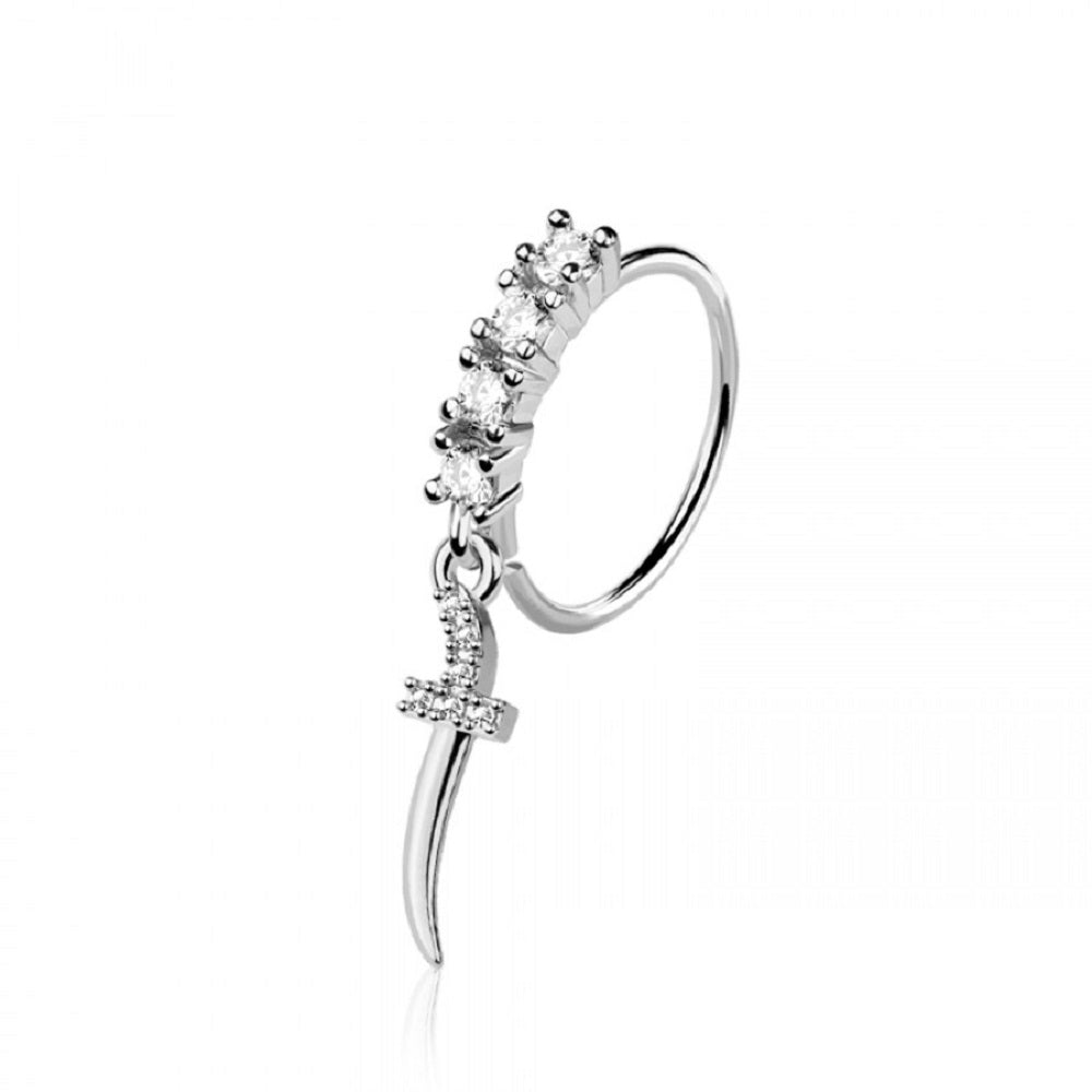 CZ Crystal Lined Hoop with Dagger Charm Bendable Nose Ring - 316L Stainless Steel