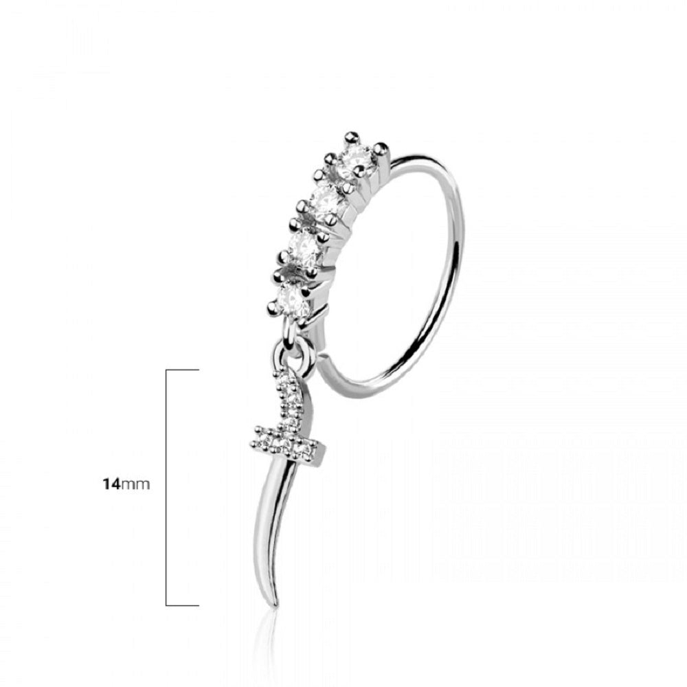 CZ Crystal Lined Hoop with Dagger Charm Bendable Nose Ring - 316L Stainless Steel