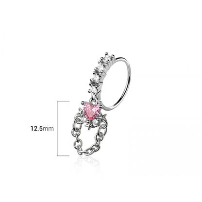 CZ Crystal Heart with Dangling Chain Bendable Nose Ring - 316L Stainless Steel