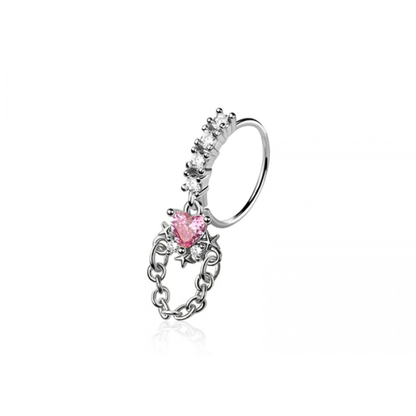 CZ Crystal Heart with Dangling Chain Bendable Nose Ring - 316L Stainless Steel