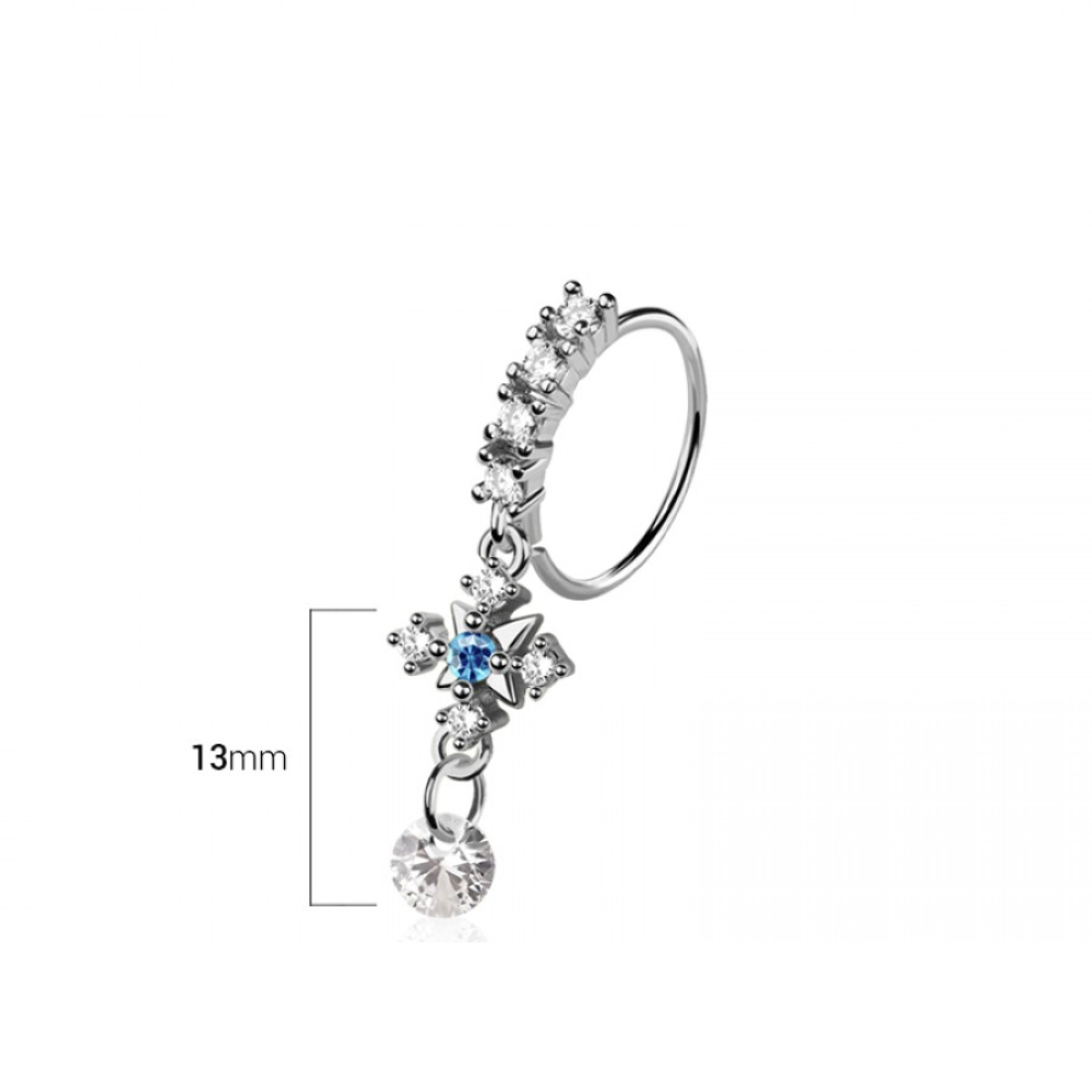 Blue CZ Crystal Arrow Cross with Dangling Gem Bendable Nose Ring - 316L Stainless Steel