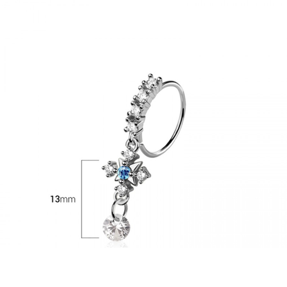 Blue CZ Crystal Arrow Cross with Dangling Gem Bendable Nose Ring - 316L Stainless Steel