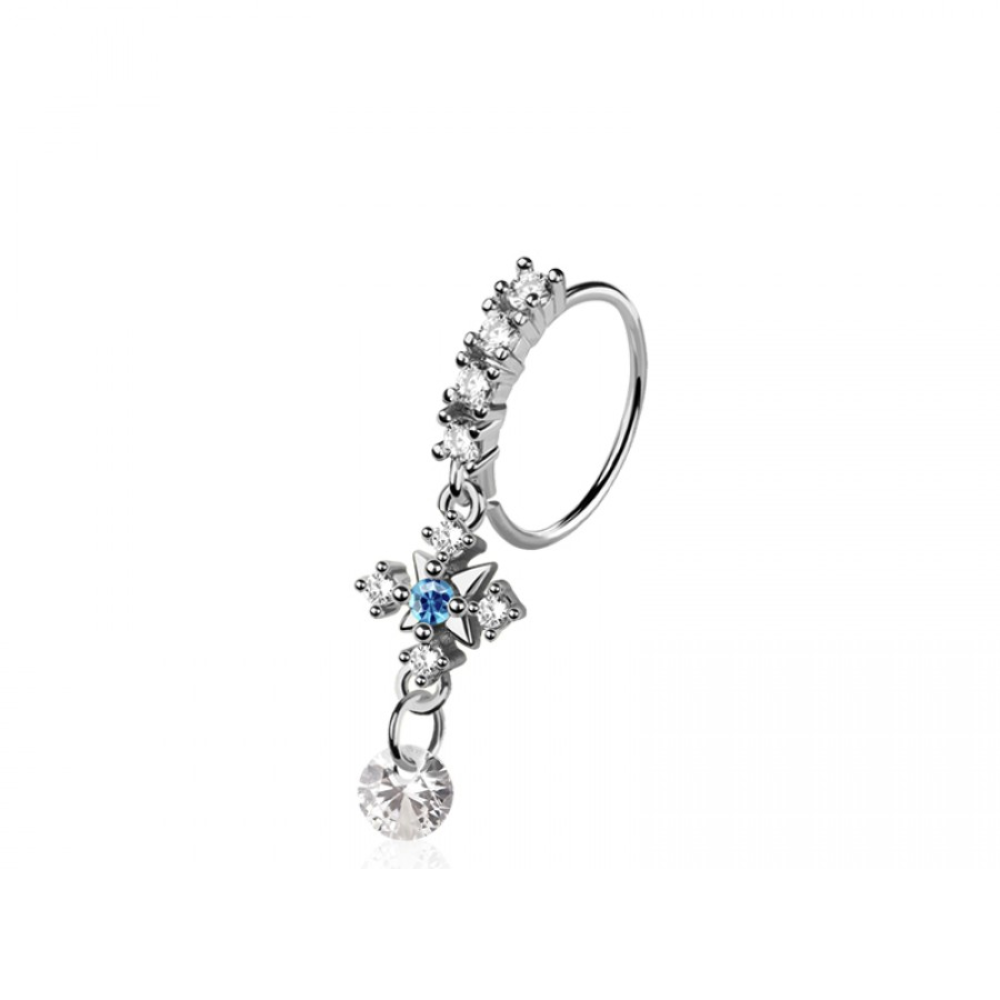 Blue CZ Crystal Arrow Cross with Dangling Gem Bendable Nose Ring - 316L Stainless Steel