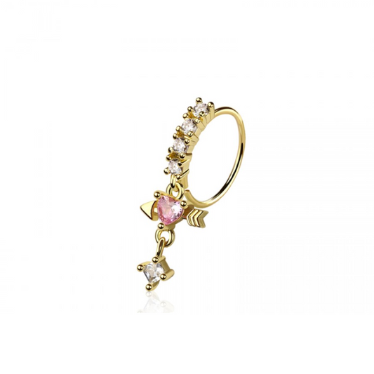 CZ Crystal Dangling Heart and Arrow Bendable Nose Ring - 316L Stainless Steel