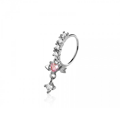 CZ Crystal Dangling Heart and Arrow Bendable Nose Ring - 316L Stainless Steel