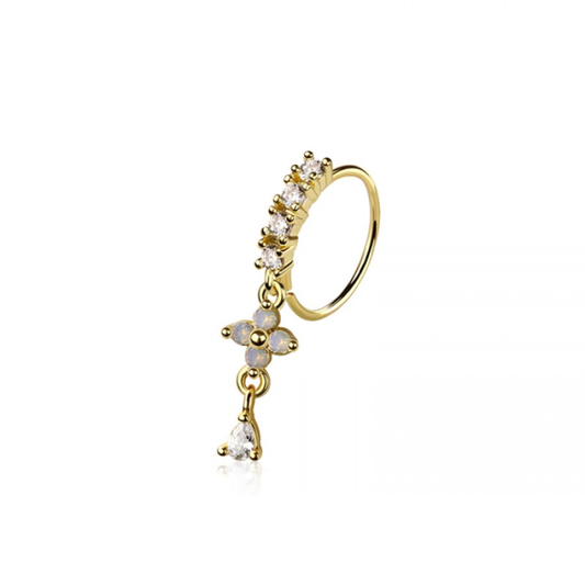 CZ Crystal Flower with Dangling Teardrop Bendable Nose Ring - 316L Stainless Steel