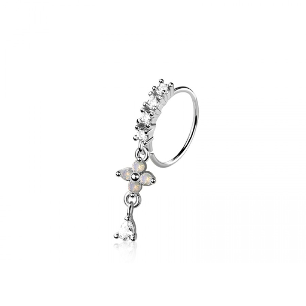 CZ Crystal Flower with Dangling Teardrop Bendable Nose Ring - 316L Stainless Steel