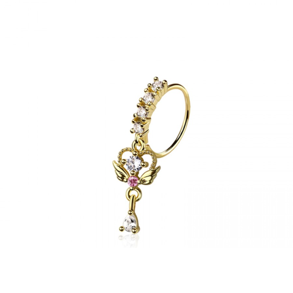 Pink CZ Crystal Winged Heart with Dangling Gem Bendable Nose Ring - 316L Stainless Steel