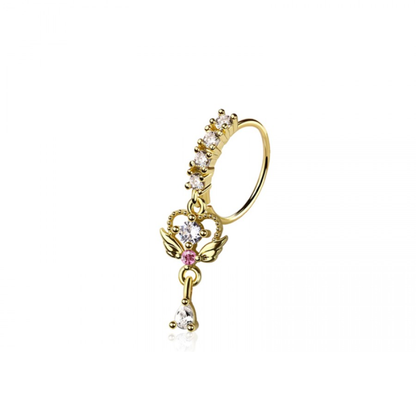 Pink CZ Crystal Winged Heart with Dangling Gem Bendable Nose Ring - 316L Stainless Steel